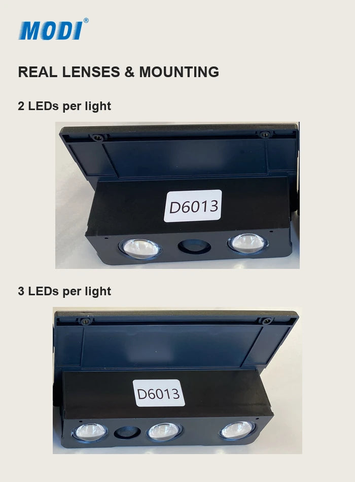 Original photographs of the two-LED and three-LED undersides, lenses and mounting holes