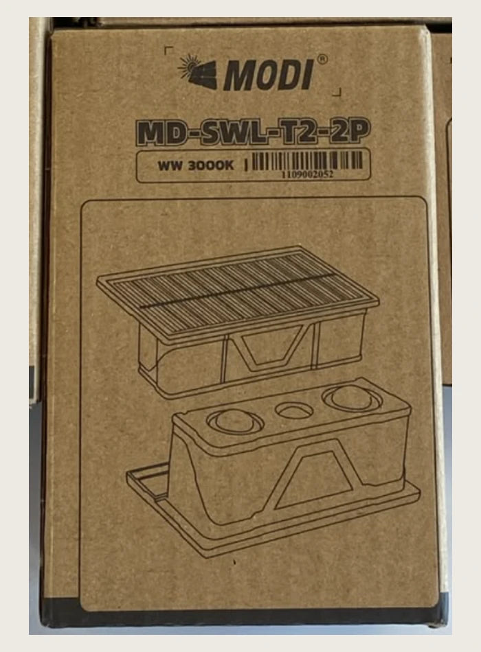 Original MODI MD-SWL-T2-2P packaging showing the two-LED model and warm white 3000K