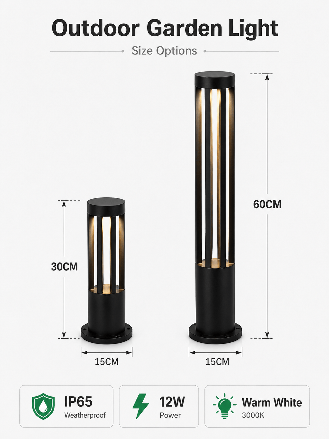 Outdoor garden bollard light size chart showing 30cm and 60cm IP65 aluminum LED pathway lights
