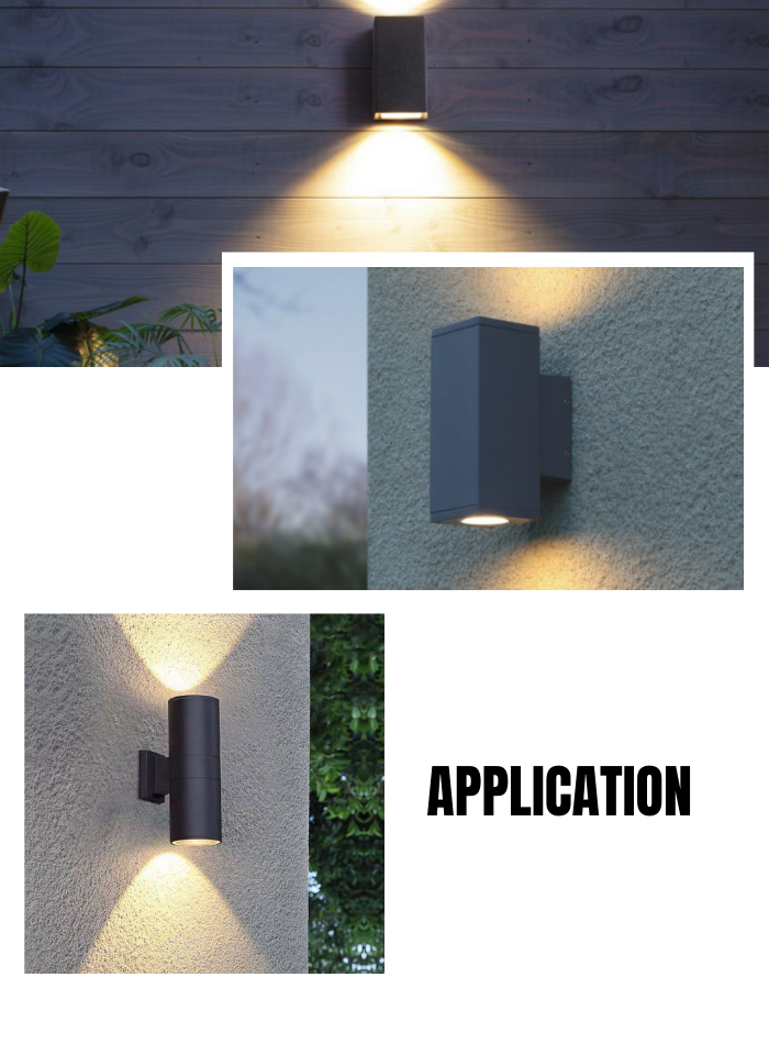 Outdoor LED wall light in night view, showing up and down dual-beam illumination for garden or patio.