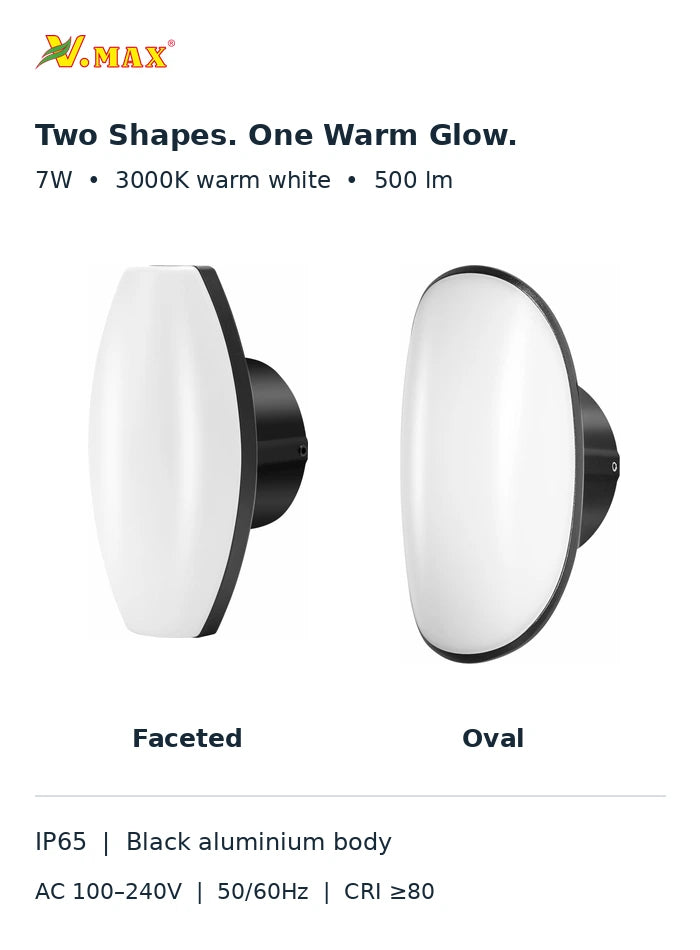 Faceted and oval LED wall light designs compared, both 7W, 3000K and 500 lumens