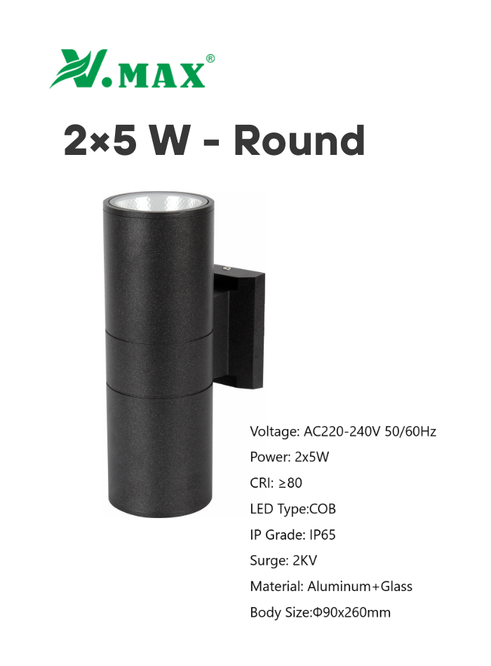 5W round outdoor LED wall light with dual-beam up and down lighting, IP65 waterproof, durable aluminum body.