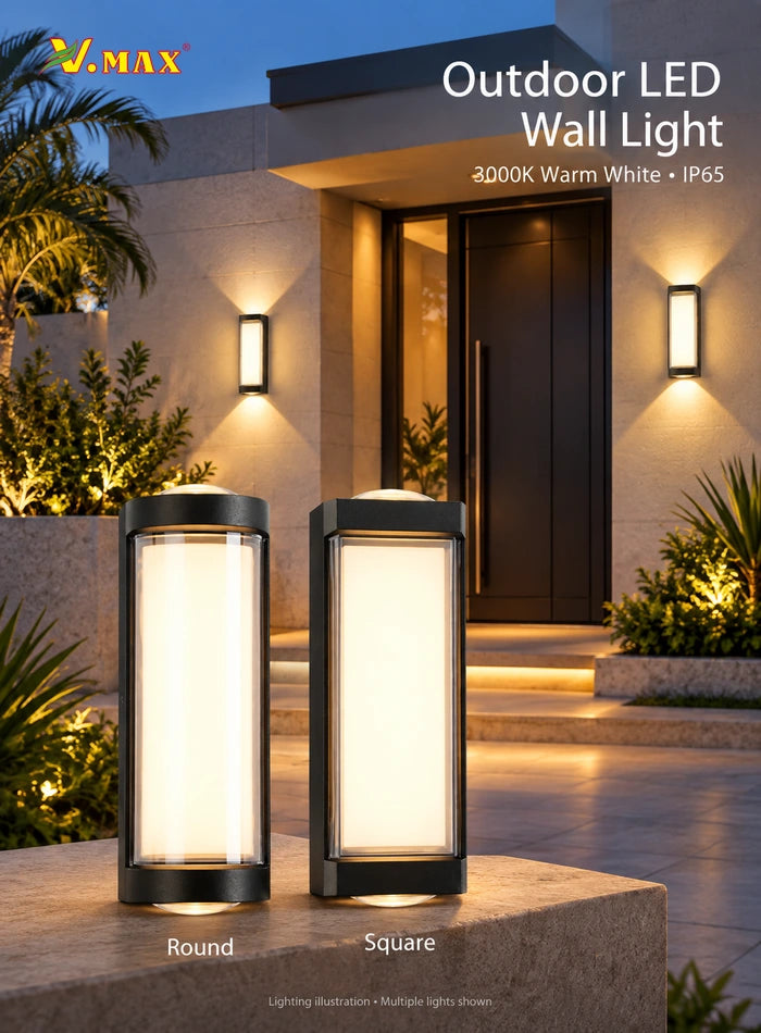 Round and square black outdoor LED wall lights with warm white front panels and up-and-down lighting, shown at a villa entrance