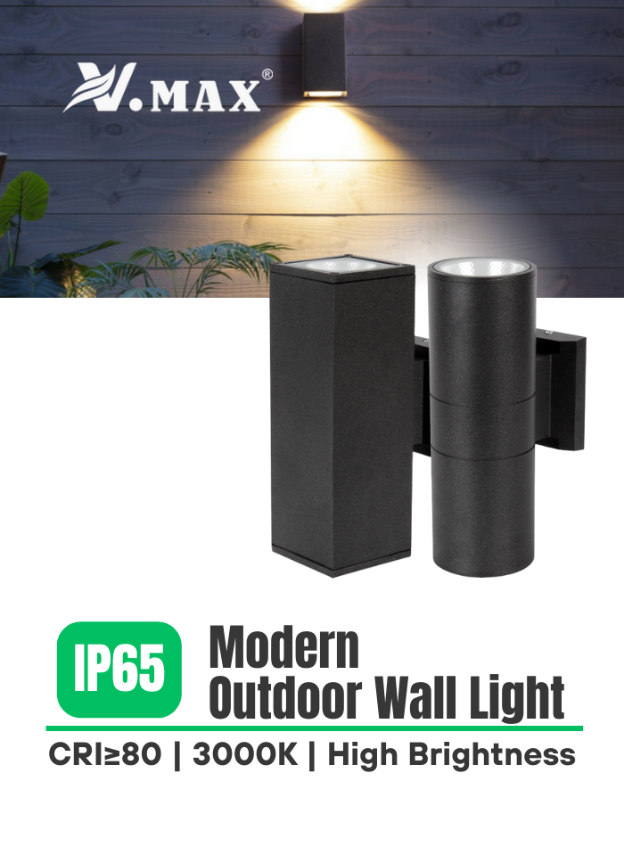 Comparison of round and square LED outdoor wall light designs, both featuring dual-beam illumination.