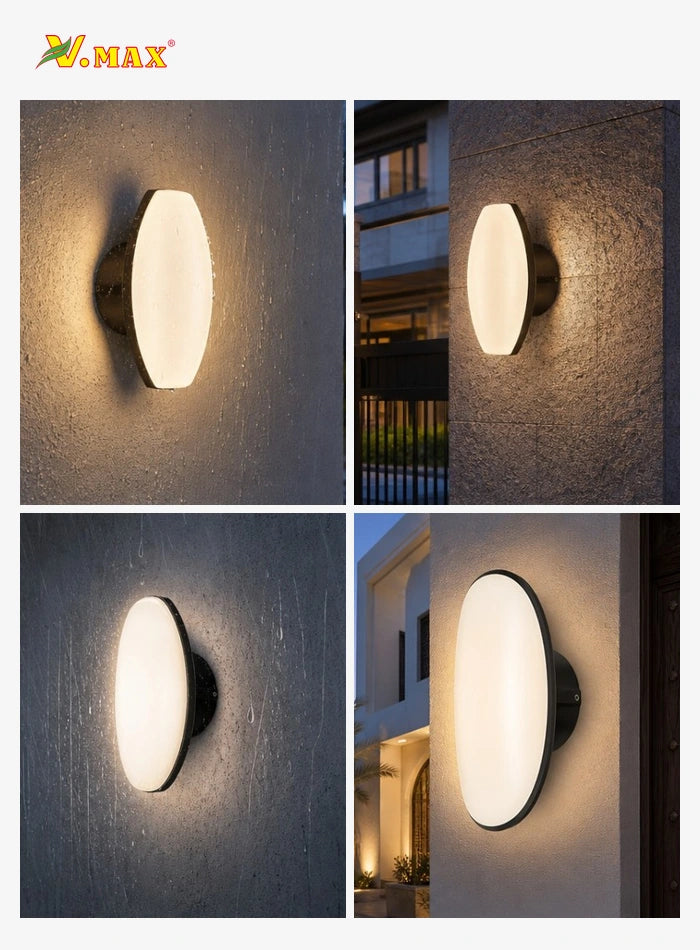 Four exterior wall scenes showing faceted and oval LED wall lights with warm white illumination
