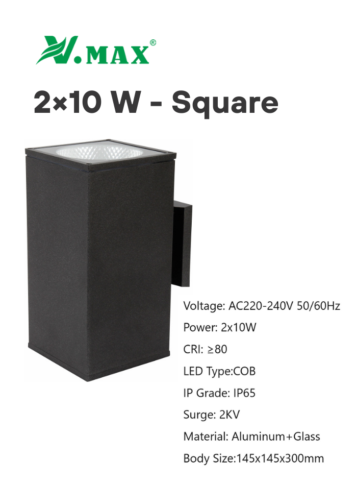 10W square LED outdoor wall light with dual-beam lighting, IP65 waterproof, high CRI ≥80, aluminum body.