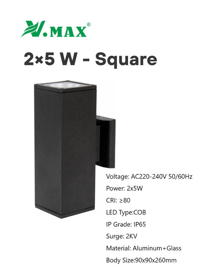 5W square outdoor LED wall light, dual-beam design, IP65 waterproof, high brightness COB LEDs.