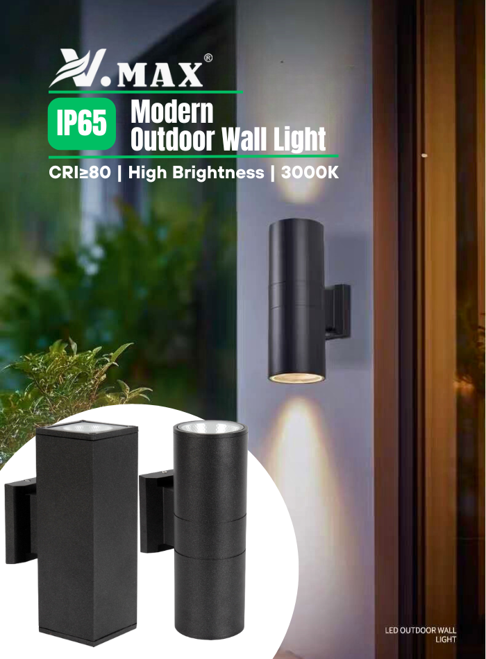 Outdoor LED wall light glowing in warm white 3000K, creating cozy and inviting outdoor atmosphere.
