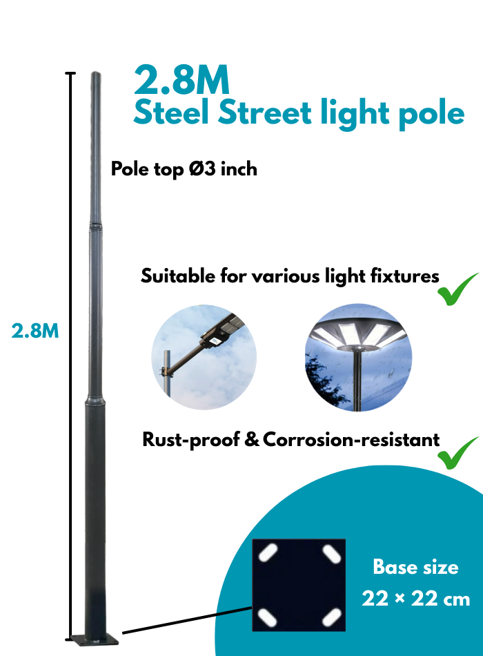 2.8M Steel Street Light Pole for Outdoor Garden and Solar Lighting