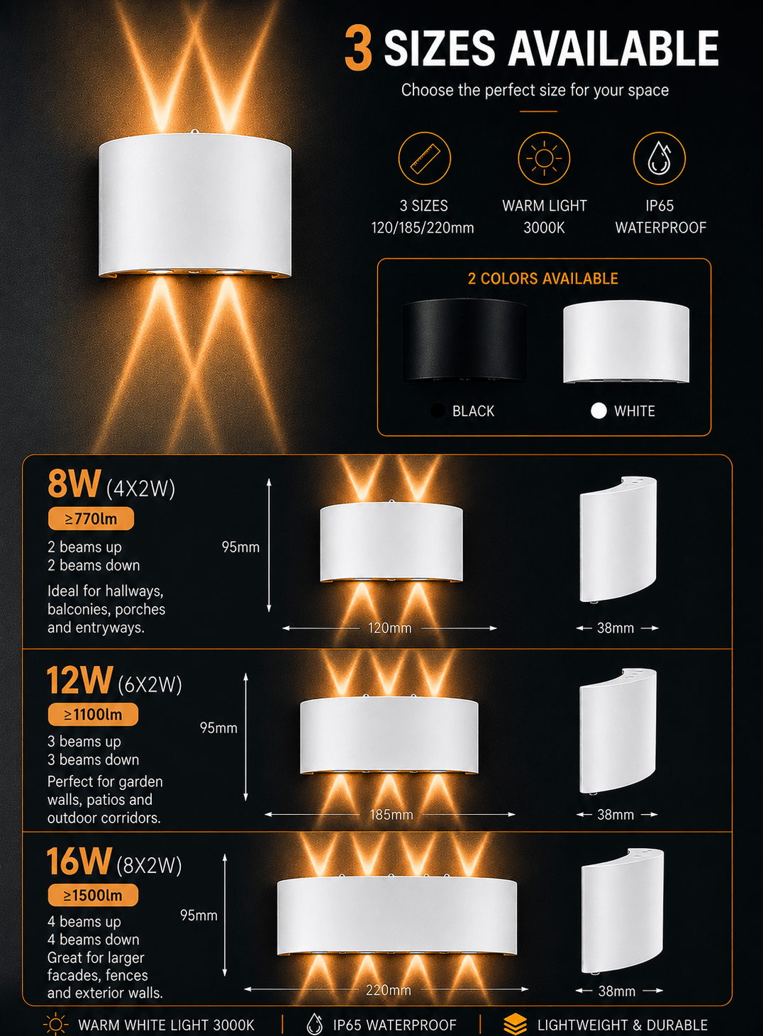 modern outdoor wall light size chart 120mm 185mm 220mm up down lighting waterproof led wall lamp
