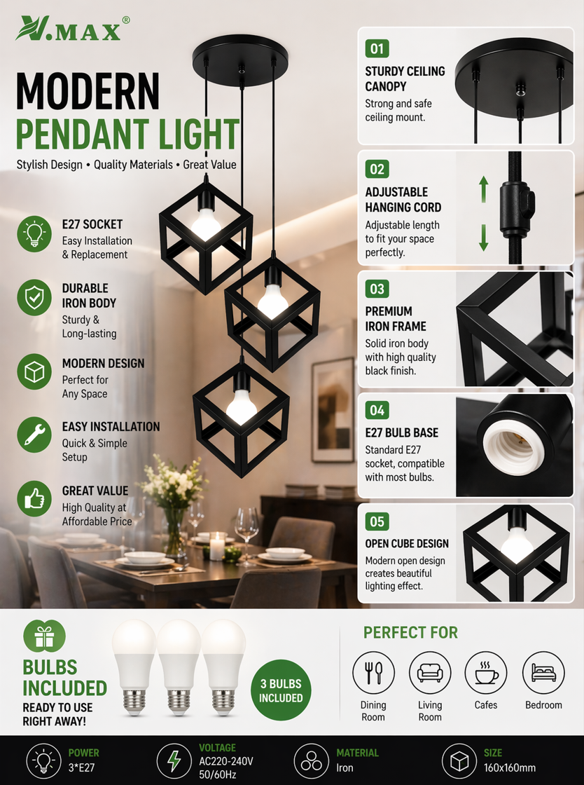 modern pendant light features including E27 socket adjustable cord durable iron body and bulbs included for home lighting