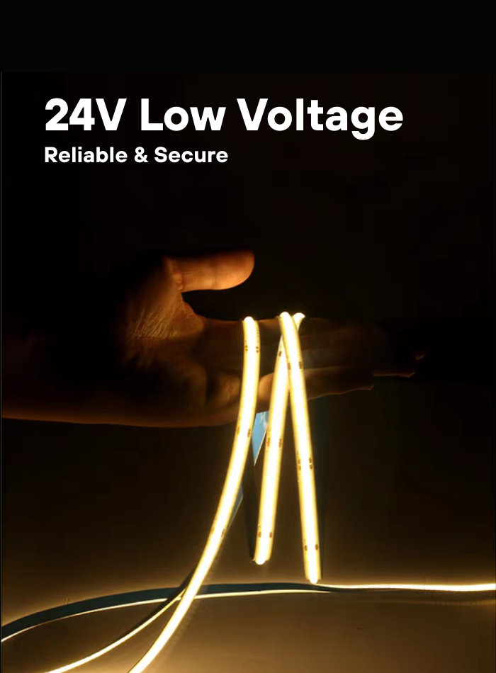 Safe 24V low voltage COB LED strip light for home lighting
