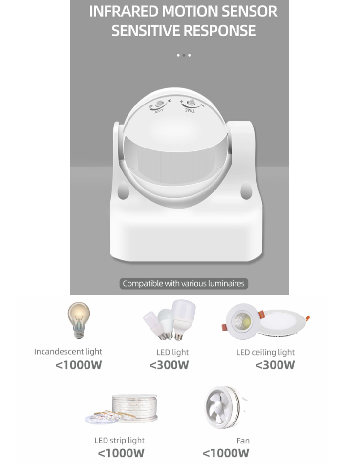 Smart motion sensor switch for garage entrance and villa walls, providing energy-saving automatic lighting with 180° detection