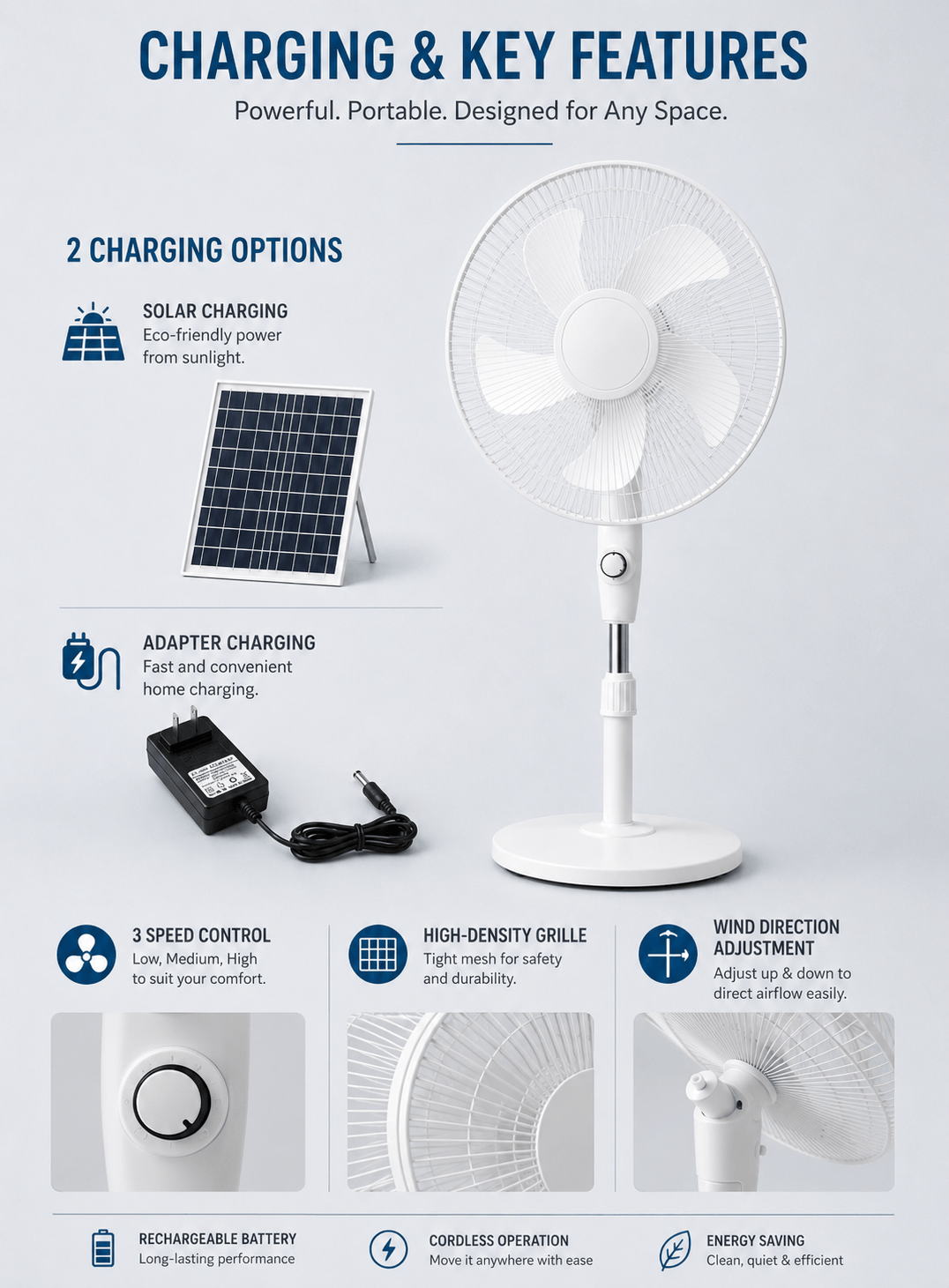 Rechargeable solar fan with solar charging adapter charging 3 speed control high density grille and wind direction adjustment