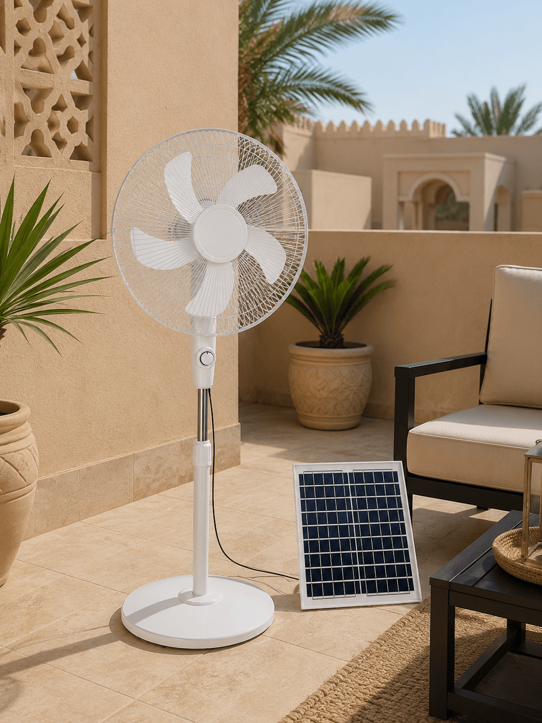Rechargeable solar fan with solar panel in Kuwait style patio outdoor seating area for home balcony and terrace use