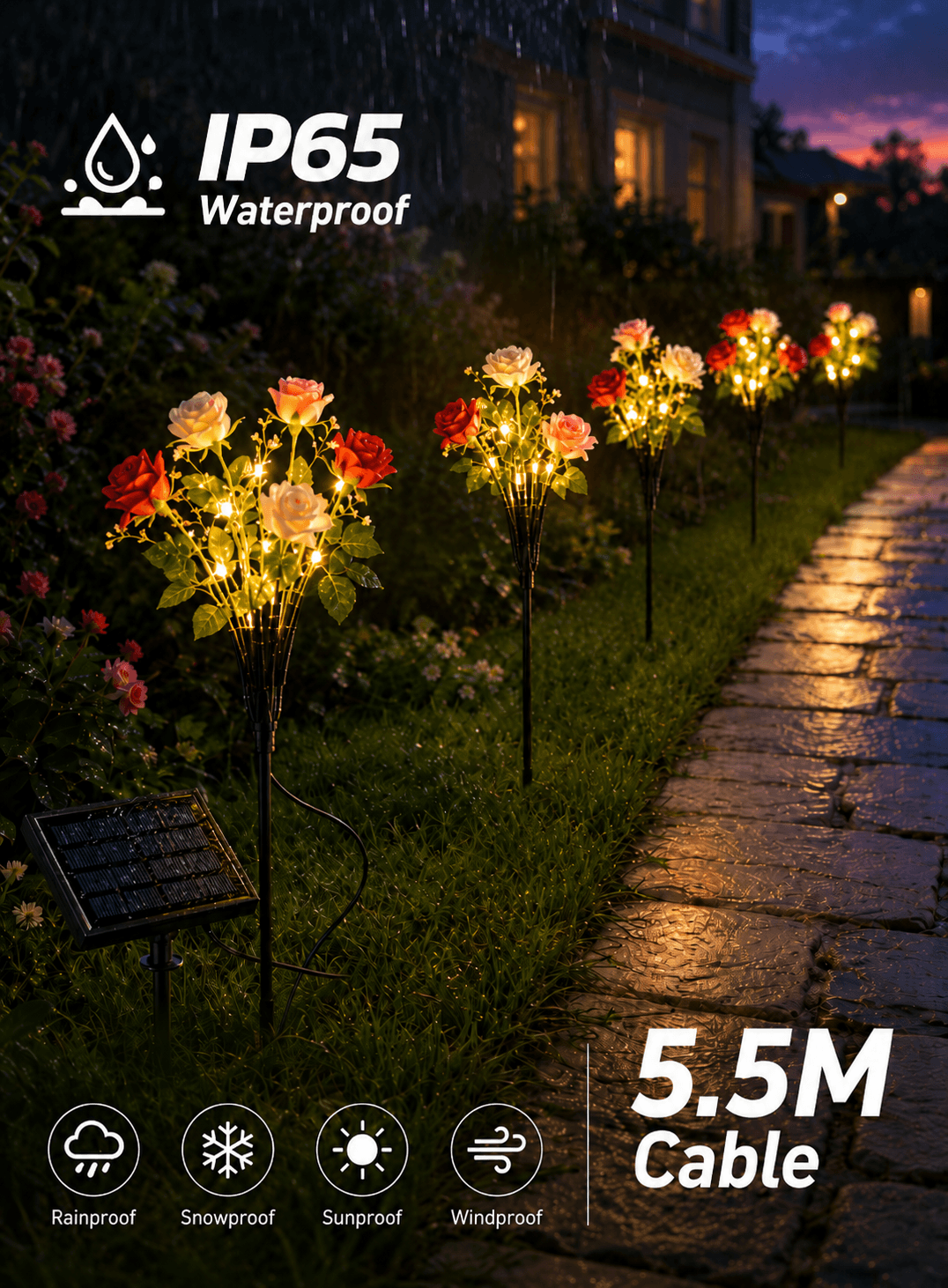 IP65 waterproof solar flower garden lights with 5.5M cable for outdoor pathway, villa garden, patio and balcony decoration