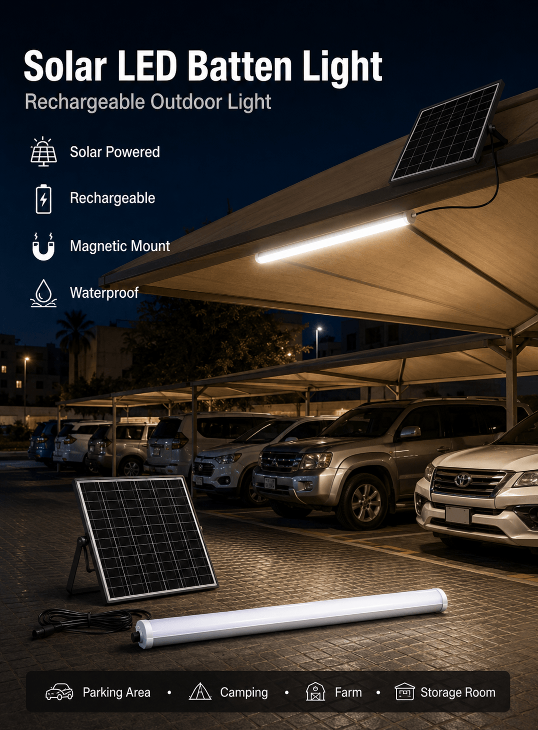 Solar LED batten light with solar panel, rechargeable waterproof magnetic light for parking area and outdoor use