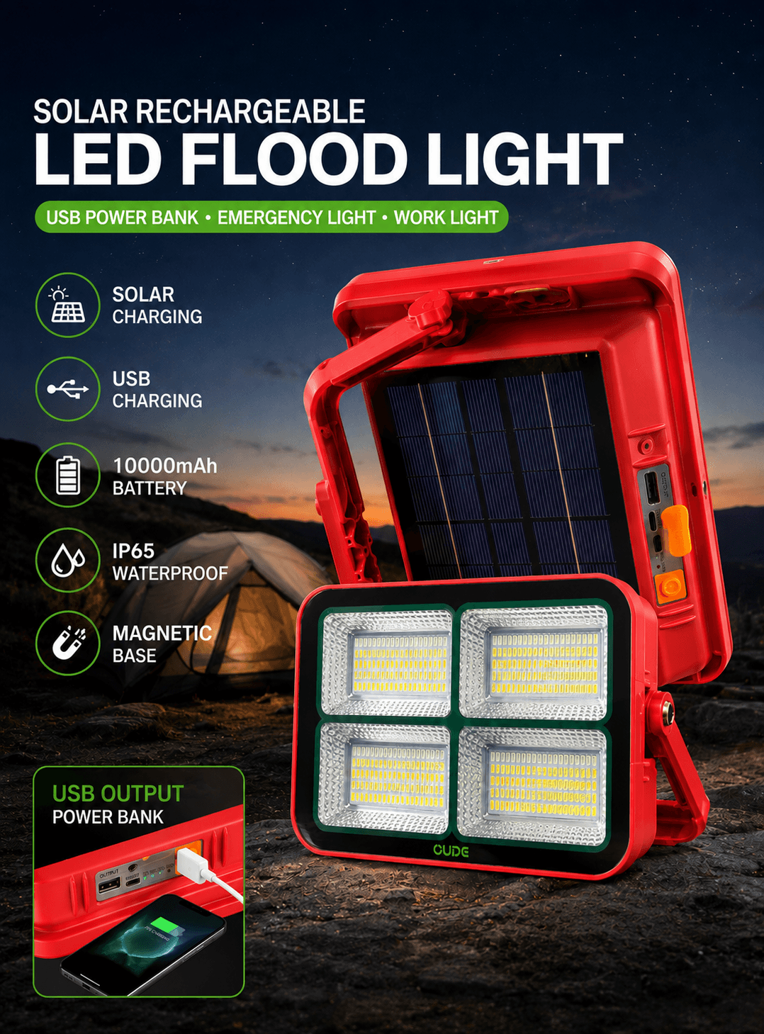 Solar rechargeable LED flood light with USB power bank, magnetic base and IP65 waterproof design for camping and emergency use in Kuwait