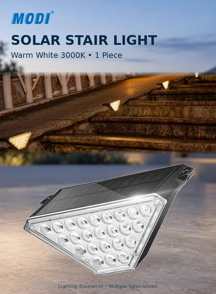 MODI solar stair light with integrated solar panel and triangular LED lens array, shown with warm white lighting along outdoor steps; sold individually.