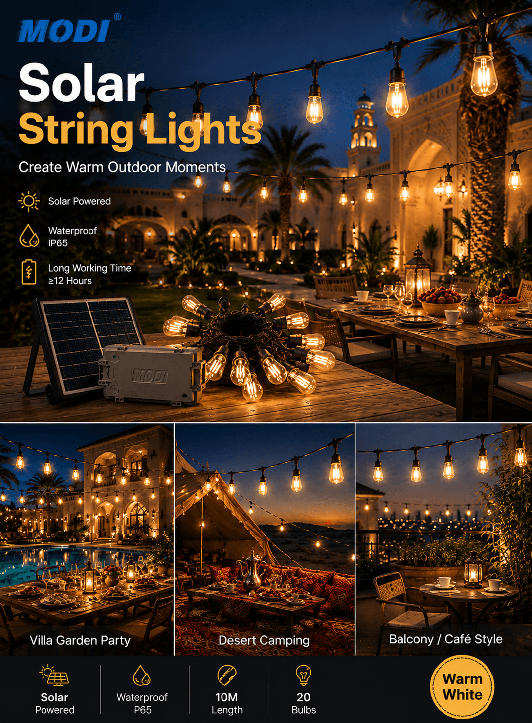 solar string lights for villa garden desert camping and balcony outdoor use