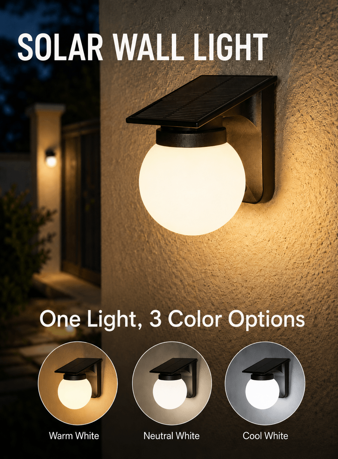 Solar wall light with 3 color options for outdoor garden wall, villa entrance, yard and gate pillar lighting in Kuwait.