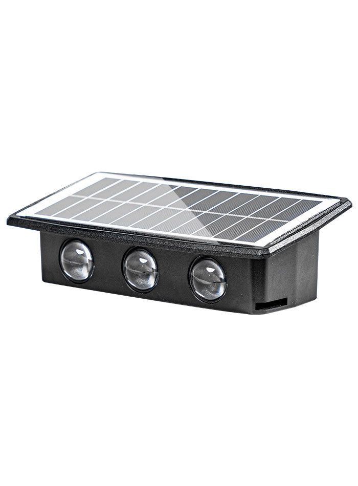 Solar-powered outdoor wall light with 6x5050 LEDs, warm white 3000K glow, and IP65 waterproof rating for gardens and villas