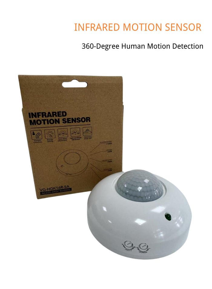 Surface-mounted 360-degree infrared motion sensor switch with adjustable delay for energy-efficient lighting