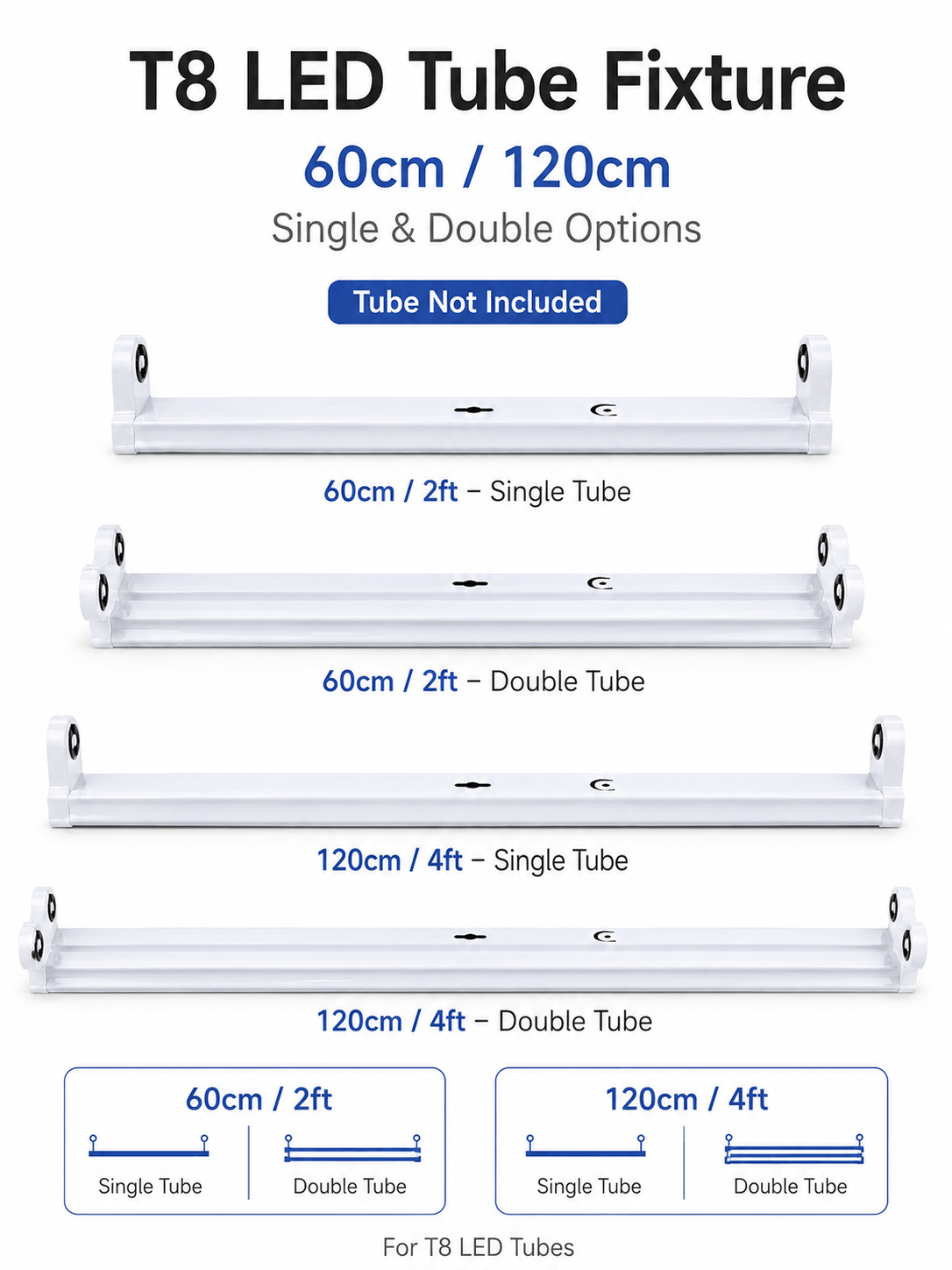 T8 LED tube fixture in 60cm and 120cm sizes with single tube and double tube bracket options, without tube