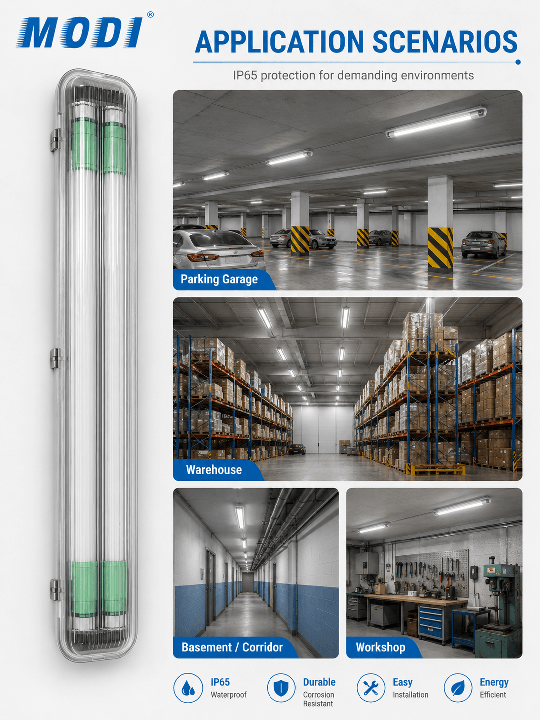 T8 IP65 weatherproof fixture for parking lot basement and warehouse lighting