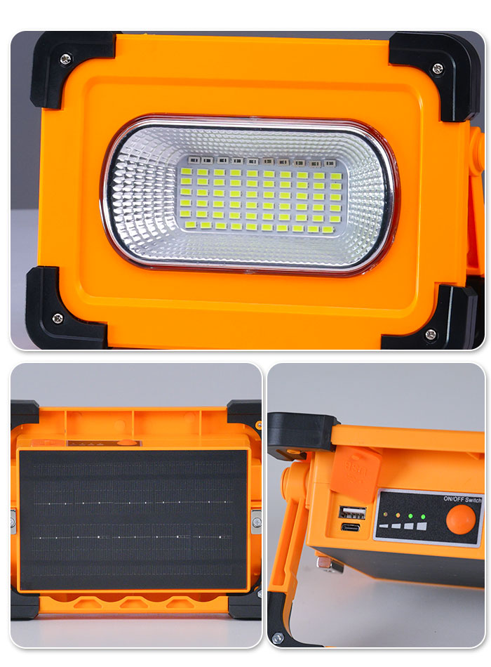 Portable floodlight with USB and solar charging for off-grid use