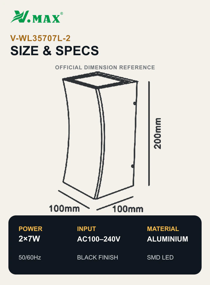 VMAX V-WL35707L-2 official dimension drawing showing 200 mm height and 100 by 100 mm footprint