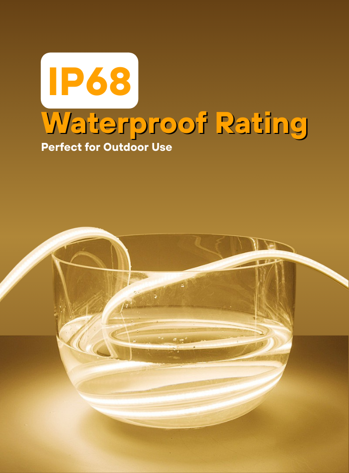 IP68 waterproof COB LED strip light, durable solid silicone, ideal for outdoor installation