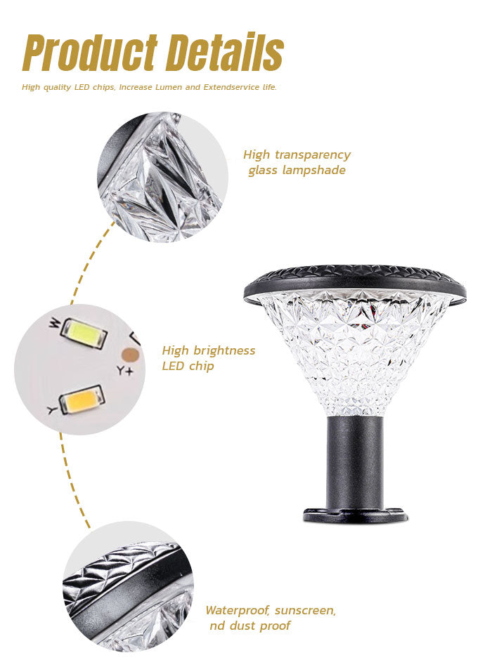 Waterproof solar garden light with LED for outdoor use in villas, gardens, and courtyards.