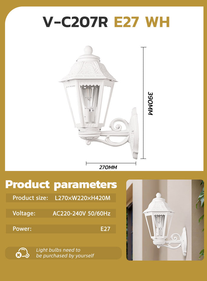 Classic European-design outdoor wall lamp, ideal for villa entrances, balconies, staircases, and courtyards in Kuwait, with AC220-240V compatibility