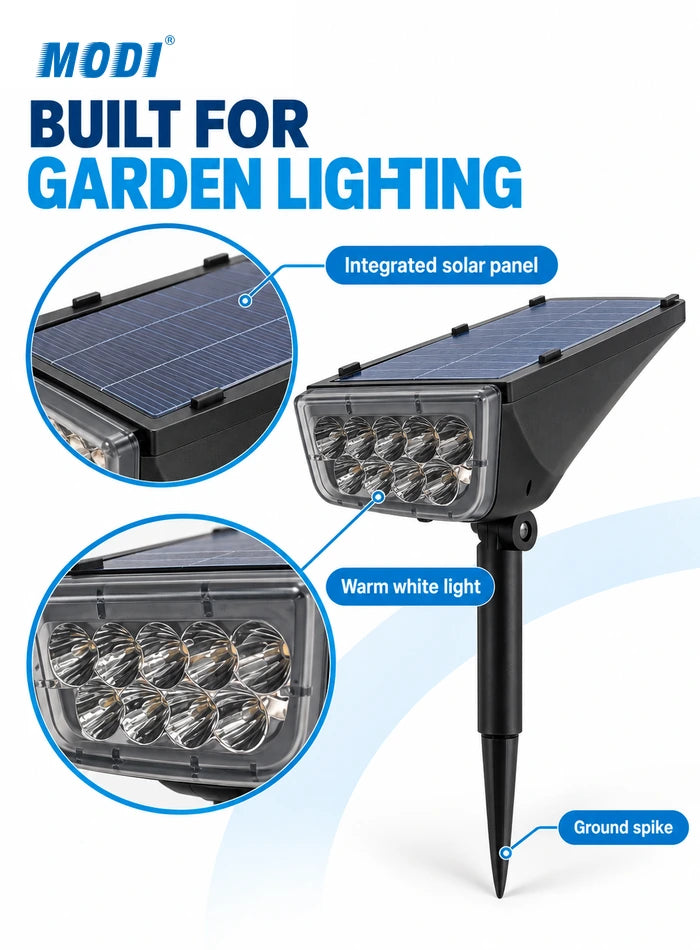 Solar garden spike light showing the integrated solar panel, front reflector lenses and ground spike.