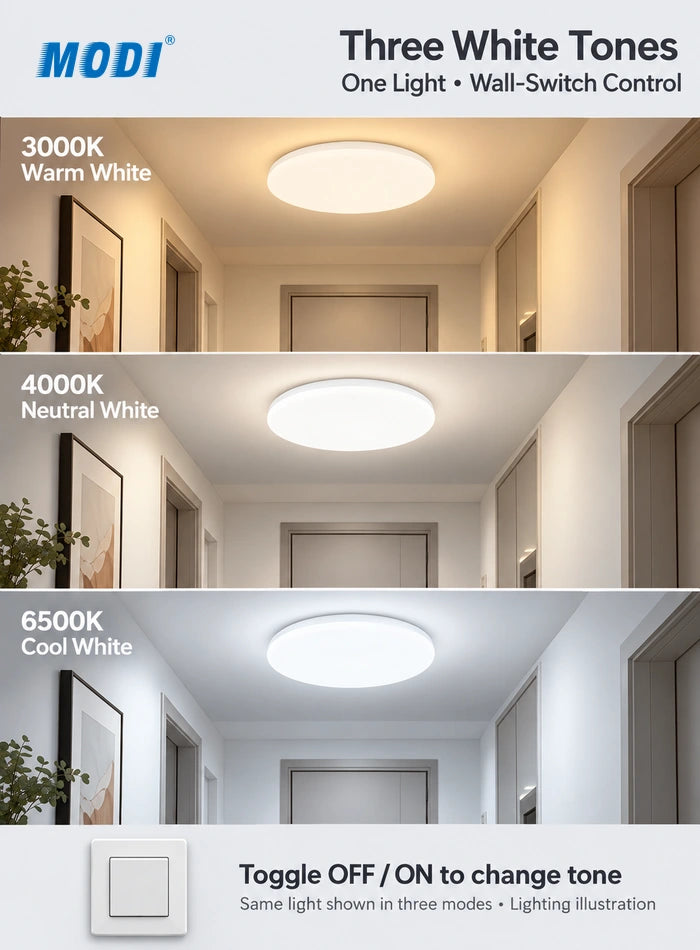 Same LED ceiling light shown in 3000K warm white, 4000K neutral white and 6500K cool white modes with wall-switch control
