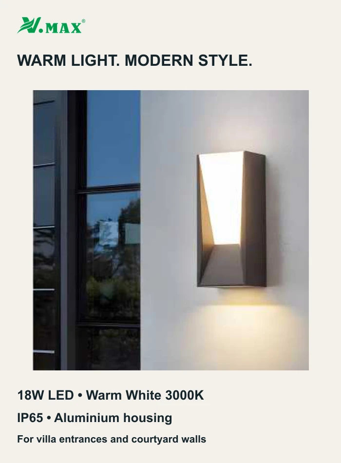 VMAX 18W wall light with 3000K warm white light, IP65 protection and aluminium body