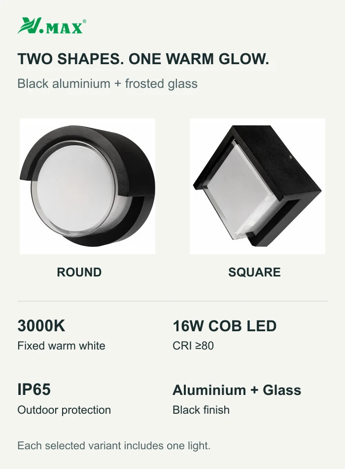 Round and square outdoor wall light features: fixed 3000K warm white, 16W COB LED and IP65 protection