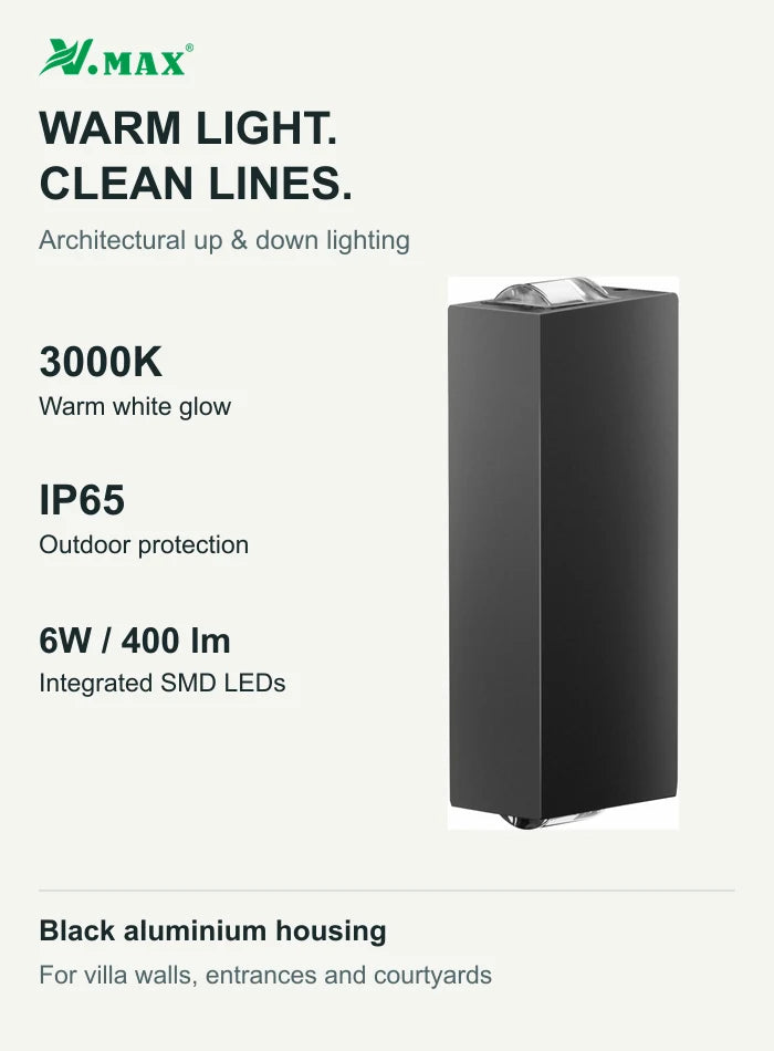 Outdoor LED wall light features: 3000K warm white, IP65 and black aluminium housing