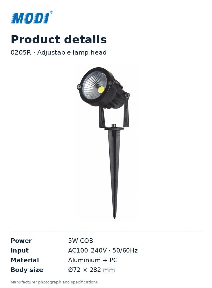 Official photograph of the MODI 0205R COB garden spike light with 5W power, AC100–240V input and manufacturer dimensions