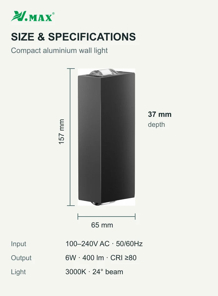 Wall light dimensions 157 mm high, 65 mm wide and 37 mm deep with electrical specifications