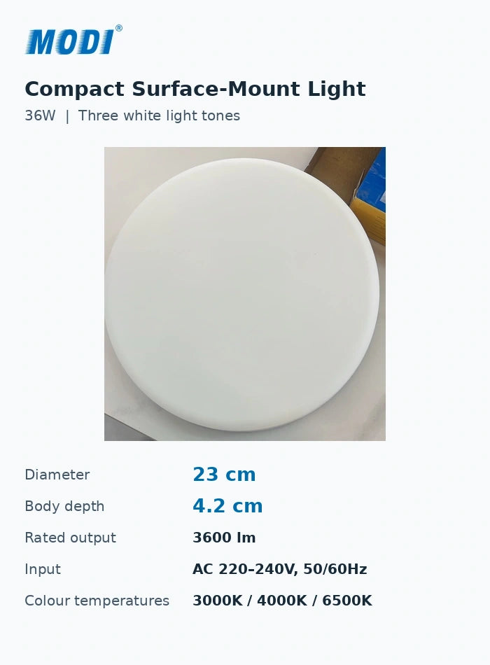 LED ceiling light dimensions: 23 cm diameter and 4.2 cm depth, with 36W power and three white colour temperatures