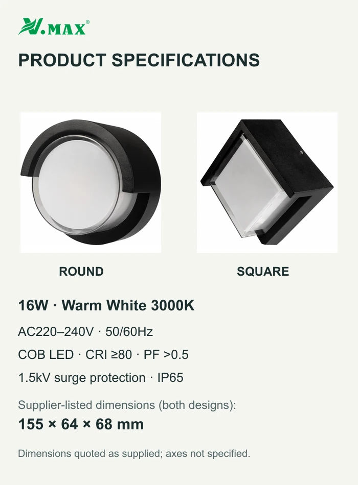 Specifications for round and square LED wall lights with supplier-listed dimensions 155 by 64 by 68 mm