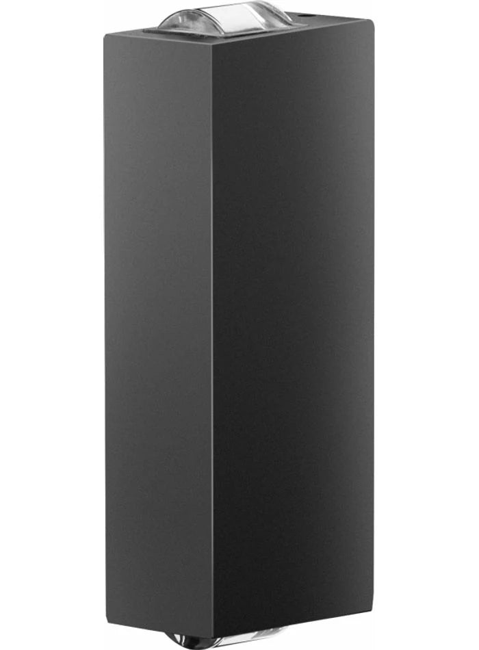 Original front and side view of the black aluminium wall light with clear top and bottom lenses