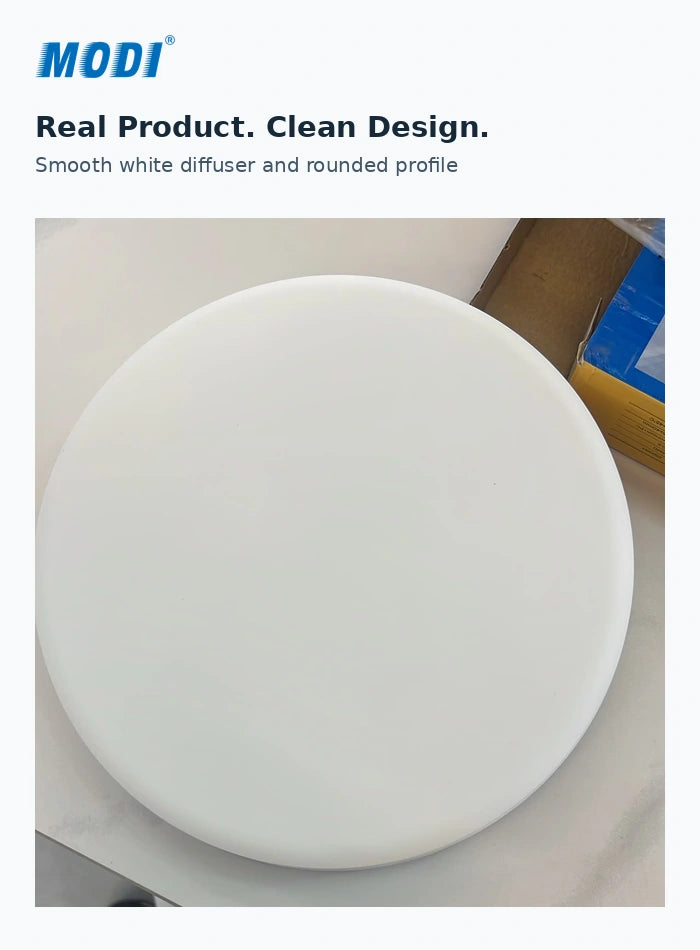 Actual front view of the round LED ceiling light with its smooth white diffuser