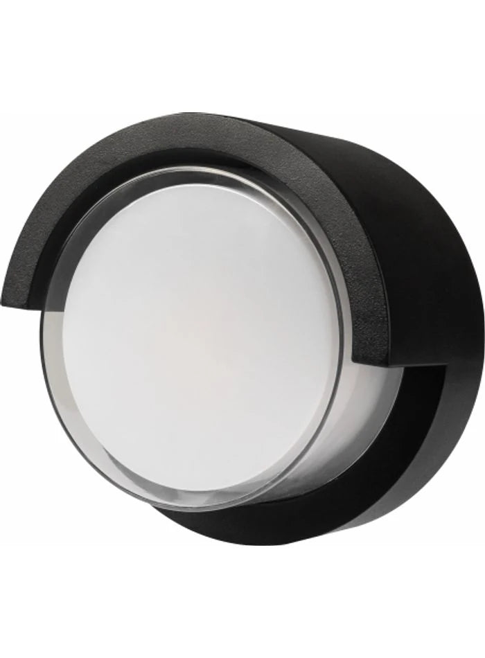 Original photograph of the round black aluminium wall light with frosted circular glass diffuser