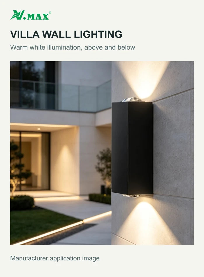 Manufacturer scene showing warm up and down lighting beside a modern villa entrance