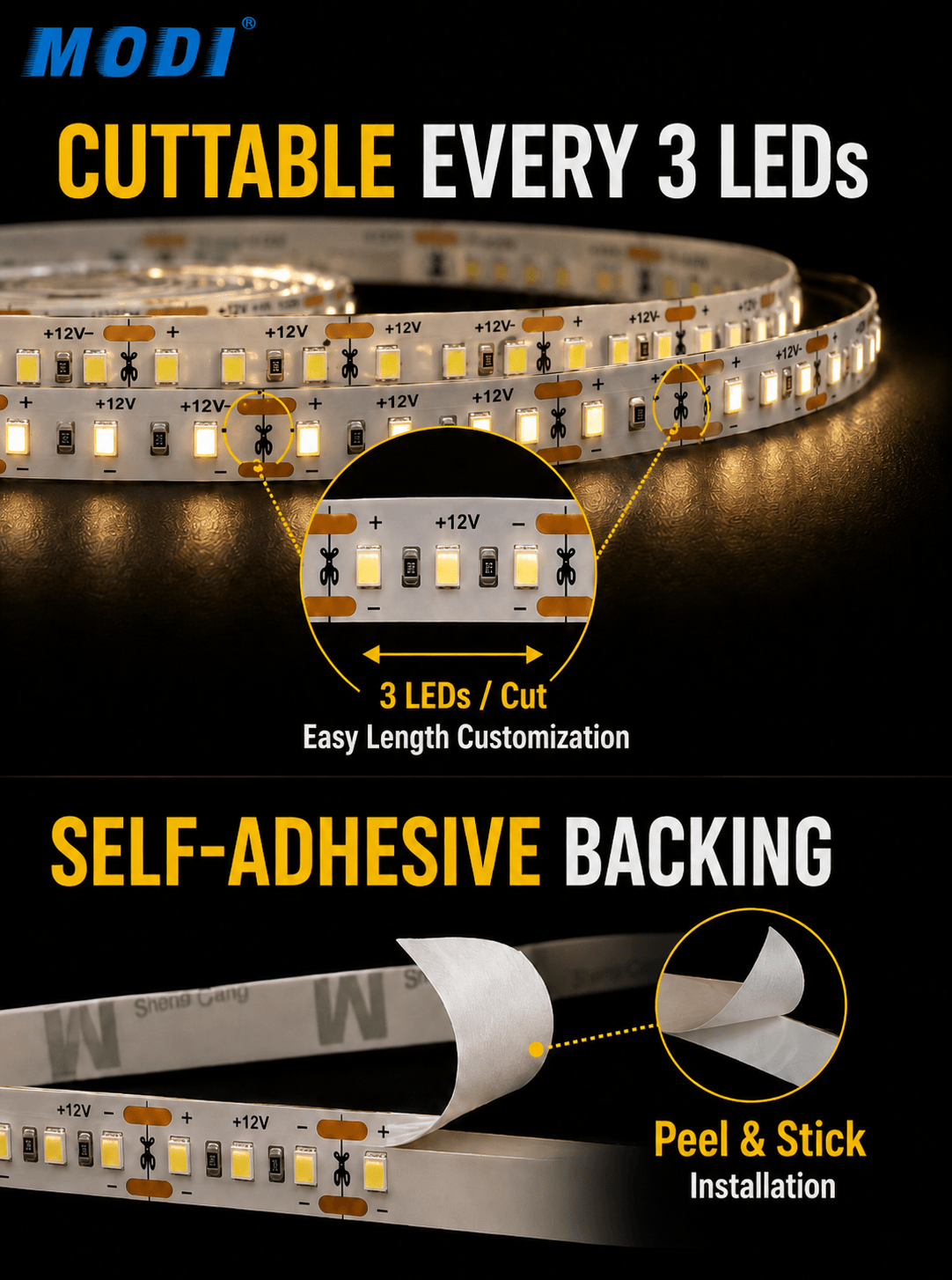 12V 2835 LED strip light cuttable every 3 LEDs with self-adhesive backing for easy indoor installation