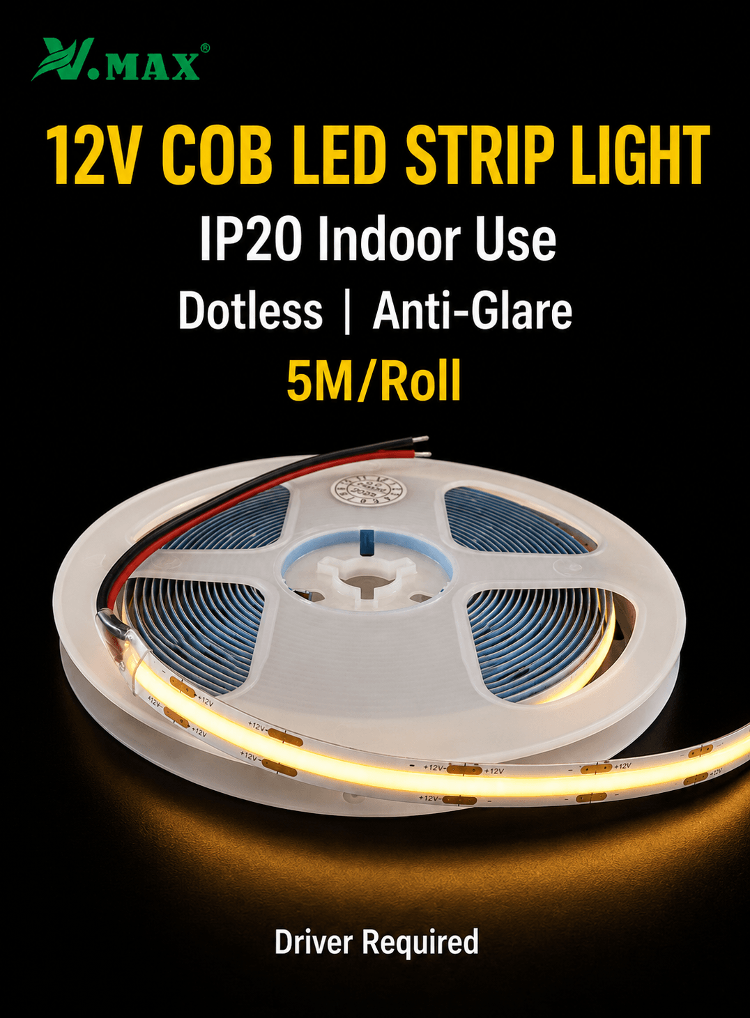 12V COB LED strip light, IP20 indoor dotless anti-glare strip, 5M roll, driver required