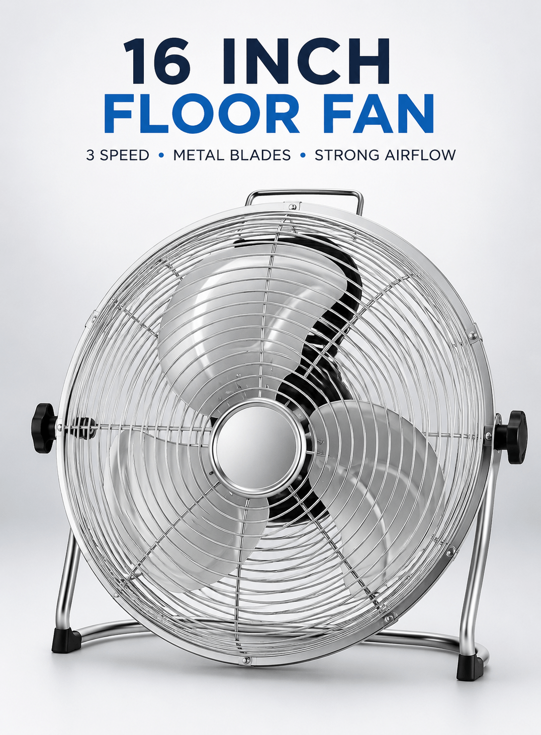 16 inch metal floor fan with 3 speed settings and strong airflow for home, office, workshop and gym use in Kuwait